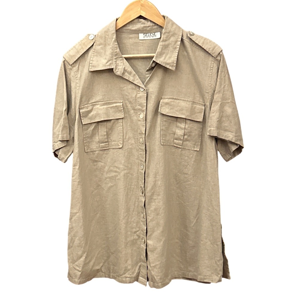 Vintage Selene Sport Linen Blend Utility Shirt Safari Coastal Minimalist Tan